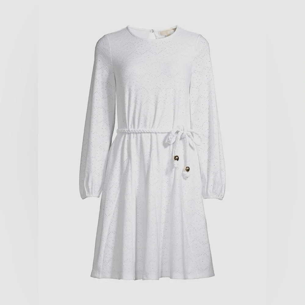 XL Michael Kors Womens White Braided Tie-Waist Eyelet Fit Flare A-Line Dress